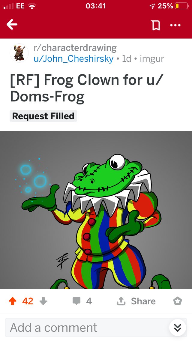DomThePixie's tweet photo. Reddit U/John_Cheshirsky has made my OC @ClownFrogHorror A DND charecter and oh boy he looks super awesome!!! #DND #dungeonsanddragons #OC #DNDOC #dungeonsanddragonsOC #2019OC #OC2019 #ClownFrog #ClownFrogHorror #hlighlightof2019 https://t.co/7kSlOKiMN0