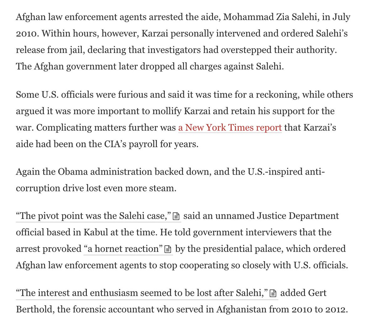 Karzai aide accepted bribe to shut down probe into contractor funding insurgents. When US went after him, Karzai told law enforcement to stop cooperating with US. Given establishment dedication to forever war, Afghans know they can get away with anything. 182/n