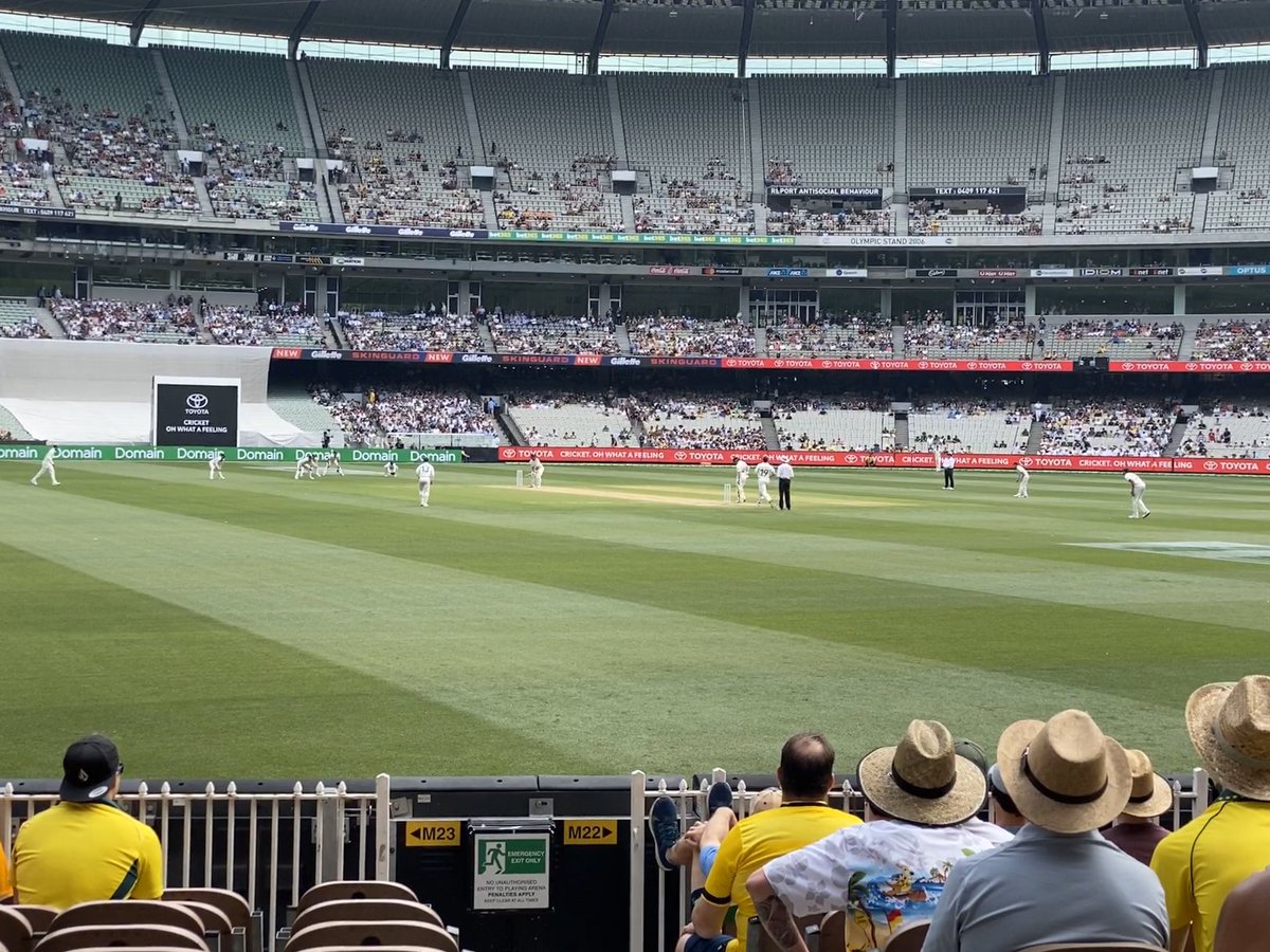 cntbrysarah's tweet photo. Excelllent seats today, but immediate neighbours are aussies. Fortunately there is a very vocal kiwi contingent close by... crap... as I type Ross Taylor goes out.
#PrayingForAChristmasMiracle
#GoBlackCaps
#AUSvNZ https://t.co/XXSVBnwJr9