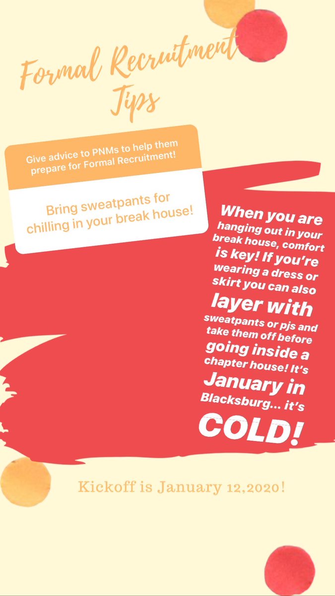 vtpanhellenic's tweet photo. Formal Recruitment Kickoff is quickly approaching! We asked members of our community for advice to help PNMs prepare for Formal Recruitment! Check out some of our favorites! To see more, go to the Recruitment Resources highlight on our Instagram! https://t.co/4PrF0gGaaq