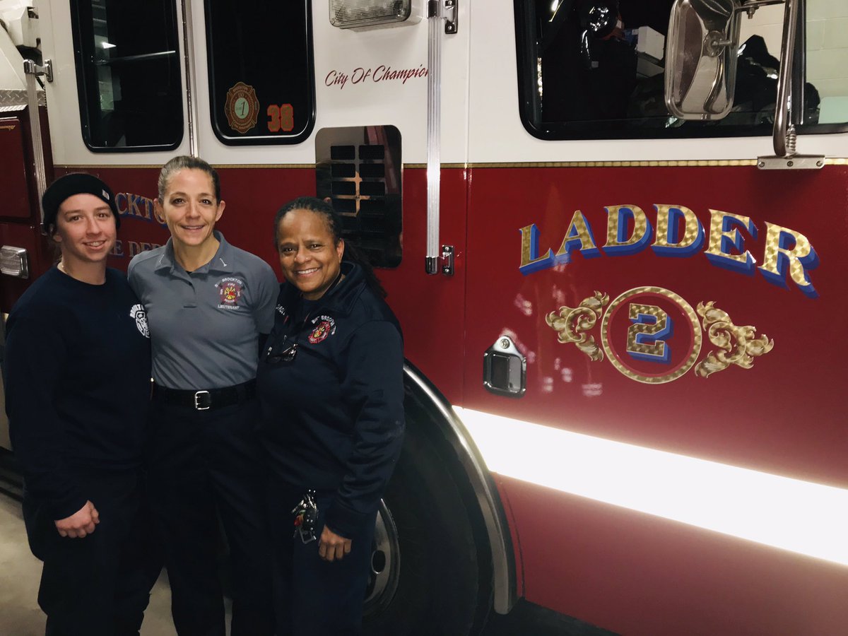 Brockton_Fire's tweet photo. This evening history is being made at the Brockton Fire Department. This is the first time that there is an all women crew on a Ladder Company. (L-R) Firefighter Katie Dubeau, Lt. Heather Angelo, and  Firefighter Carol E. Dawkins. @THE_PFFM @IAFFNewsDesk @144Iaff https://t.co/IvtDbWmf0g
