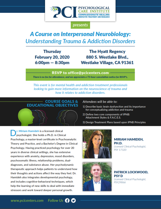 PCI_Westlake's tweet photo. A Course on Interpersonal Neurobiology: Understanding Trauma & Addiction Disorders
Thursday, Feb 20, 2020
6:00 PM - 8:30 PM
https://t.co/A3iAX7NZpD
#pcicenters #interpersonalneurobiology #neurobiology #trauma #addictiondisorders #personalgrowth #anxiety #depression https://t.co/WC9rQNEki9