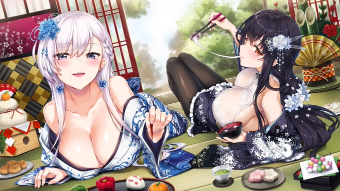 この度  #アズールレーン のお正月用イラストを担当させて頂きました☺️
キャラはベルファストと吾妻を描かせて頂きました。少し早いですがロード画面でお正月を感じて頂ければと思います。いつもの様にラフあげてますので良ければこちらもお願いします。https://t.co/eSnKGra1XT
 #アズレン 
