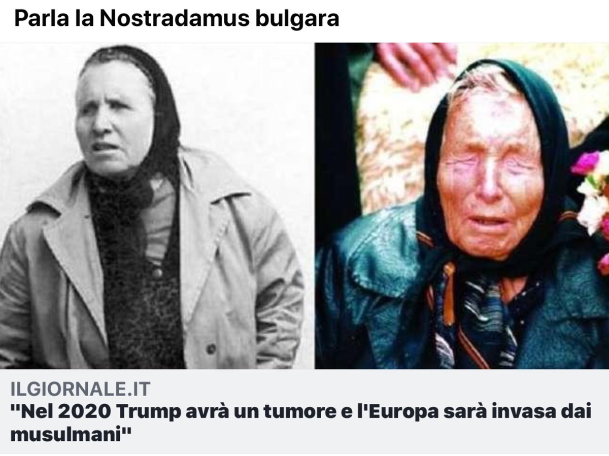 mgdj56's tweet photo. #PericoloIslam
Le profezie di #BabaVanga, la #NostradamusDeiBalcani che ha previsto l'attentato alle Torri Gemelle e il disastro del Kursk: nel #2020 Trump avrà un tumore, l'#Europa sarà #InvasaDaiMusulmani e un uomo cercherà di uccidere Putin
https://t.co/JEYzyWCTpU https://t.co/rGpIKioBxC