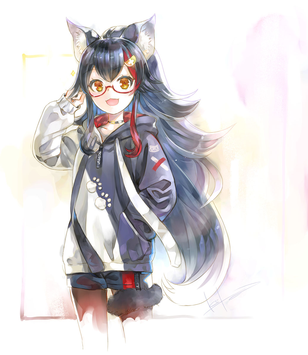 ookami mio 1girl solo animal ears wolf ears tail around leg black hair long hair  illustration images