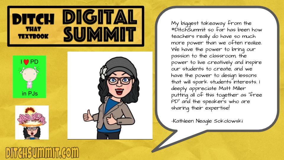 MrsSokolowski's tweet image. Always learning! Trying out a photo card inspired by #DitchSummit @MerleGoess @BMcClelland24 Used Google Drawings and @Bitmoji (digging my jaunty hat!)