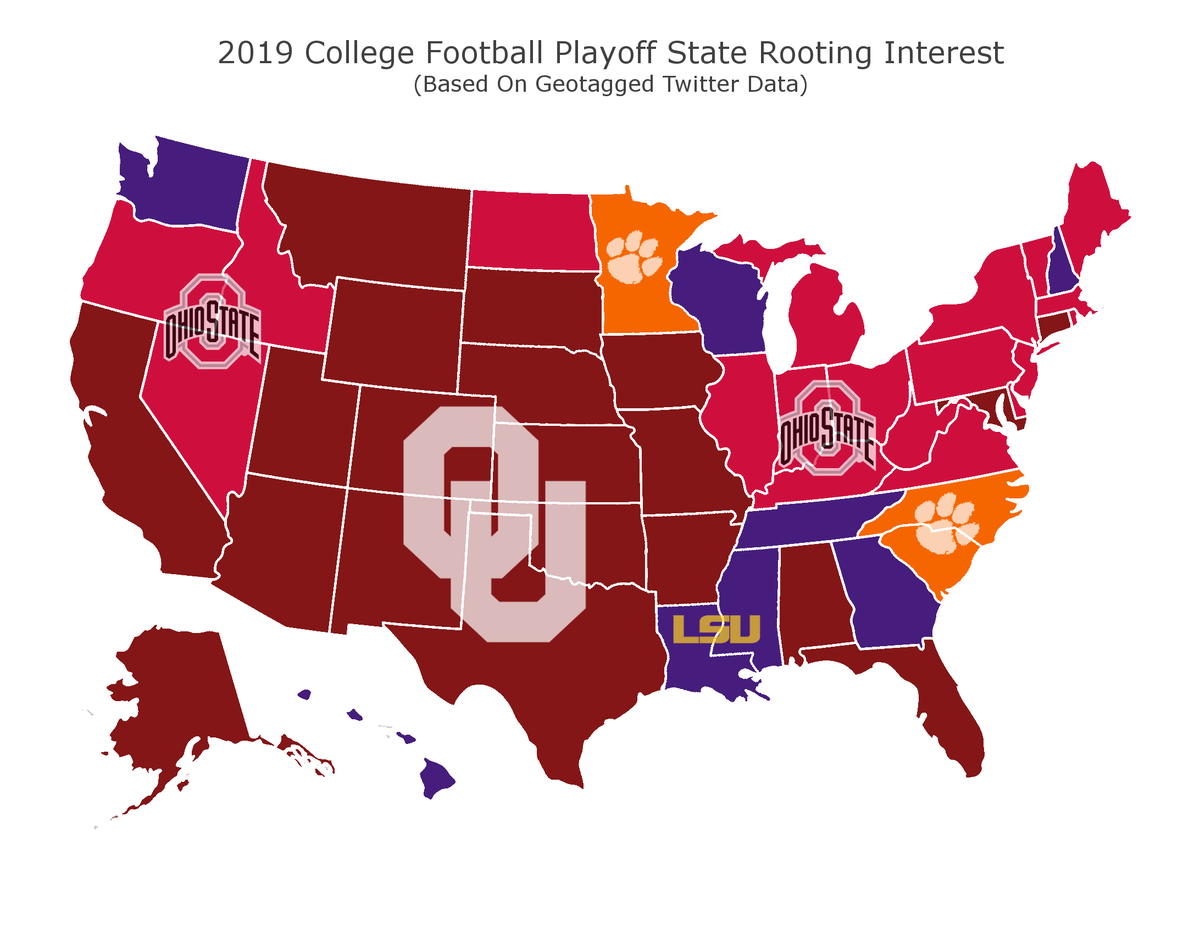 JackieKostek's tweet photo. I would like to take partial credit (maybe 90%) for Nevada rooting for the Buckeyes tomorrow. Of more than 50,000 tweets tracked and geo-tagged - 20 states rooting for OU, 19 for Bucks, LSU 8, Clemson 3 (including inexplicably MN) #CBFplayoff #GoBucks https://t.co/6beF03Al1o