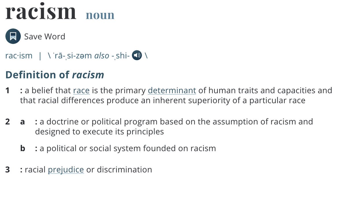 So what is racism? racism is a belief or system based on the idea that race is a PRIMARY determinant of human characteristics. It is possible to be a racist without being a white supremacist and it is possible to be a white supremacist without being a racist.