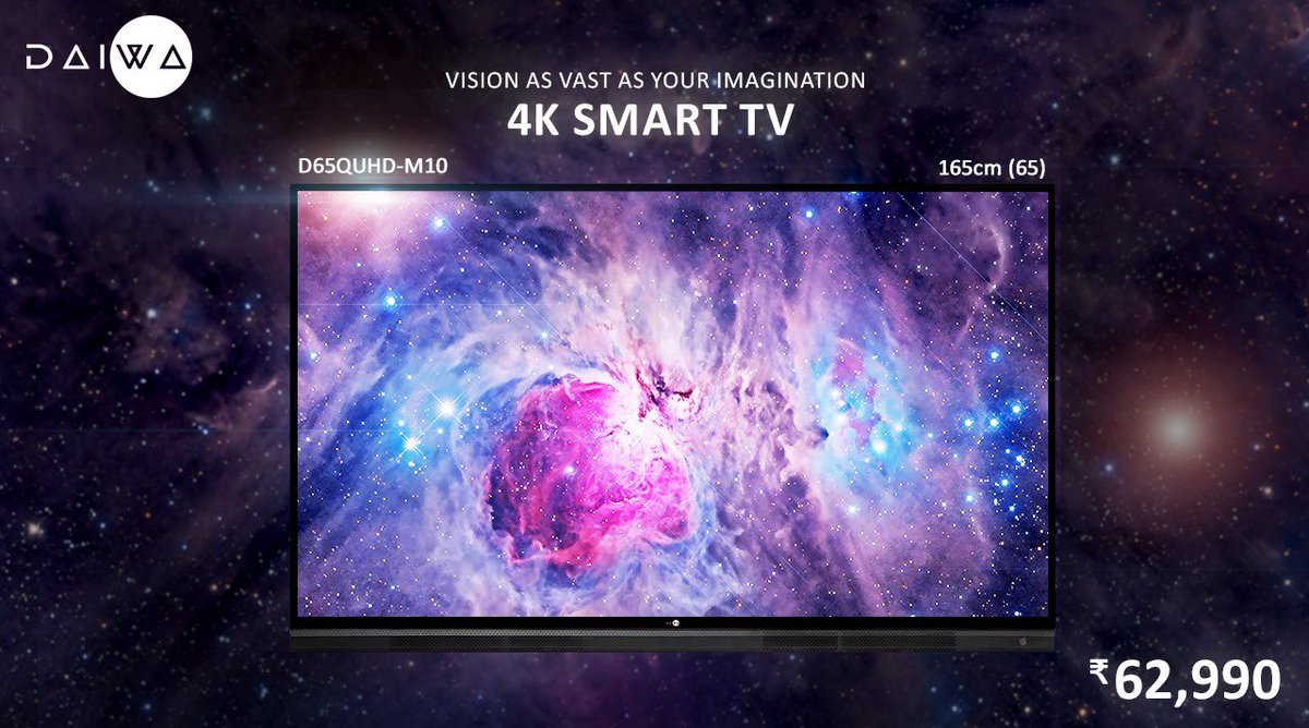 DaiwaIndia's tweet photo. Just like your imagination is vast, the 165cm (65) 4K Smart TV from Daiwa has a massive screen. With The Big Wall, stream whatever you love!

#smarttv #smartledtv #daiwaforall #Smart4ktv #androidtv  #bigscreen #androidtvbox #ultraclear #newyearseve https://t.co/wCiiEj82lw