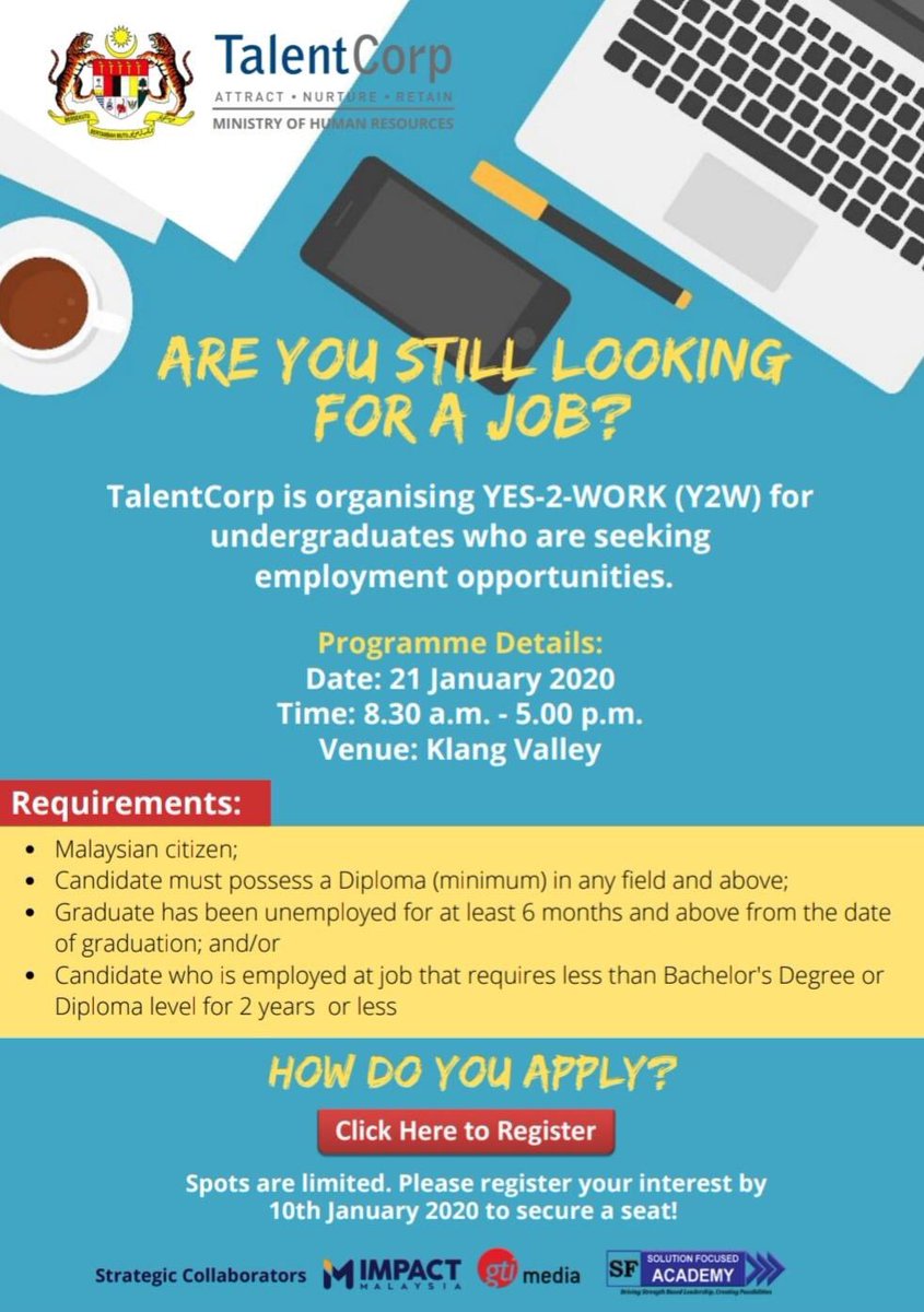 nazu2308's tweet photo. To unemployed graduates or graduates who are underemployed (working in a job that required less than a degree/diploma), sign up for this program by @TalentCorpMsia !

Connect with potential employers &amp; jumpstart your career!

Register for a spot here: https://t.co/48IWeu9r3j https://t.co/6MgS0YKeJp