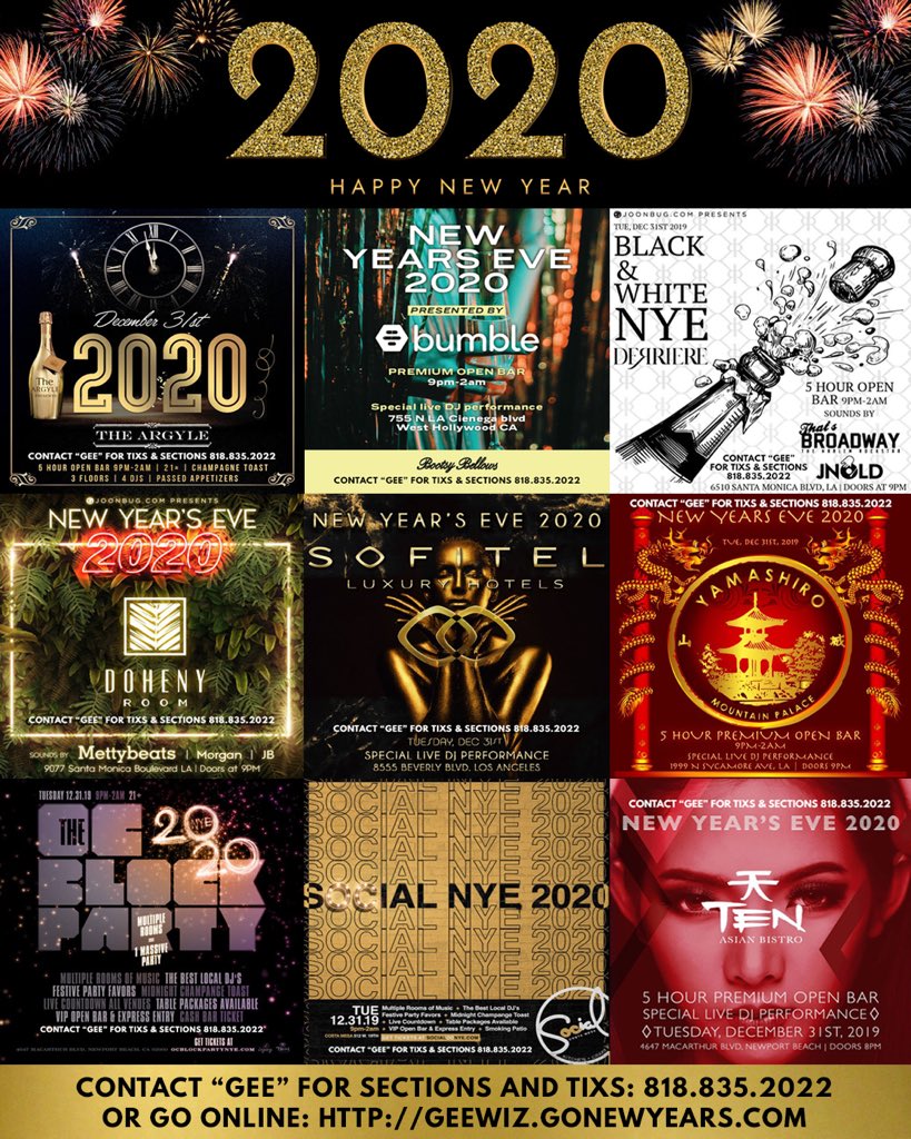 geebean's tweet image. #NewYearsEve events in #Hollywood &amp;amp; #OrangeCounty visit online - GeeWiz.gonewyears.com or call/text “GEE” 818.835.2022 #HollywoodNYE #LosAngelesNYE #NightingalePlaza #BootsyBellows #DerriereLA #ArgyleHollywood #YamashiroLA #DohenyRoom #SofitelHotel #OCBlockParty #TenAsianBistro