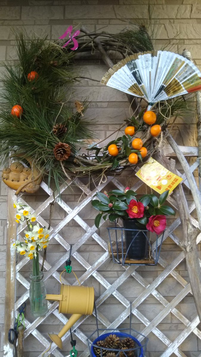 まつ 正月飾り３種類完成 今日が縁起良いらしい 正月飾り 正月リース 正月フラワーアレンジメント 門松 迎春 お正月 子年 山茶花 水仙 手作り 自作 雑 センス悪