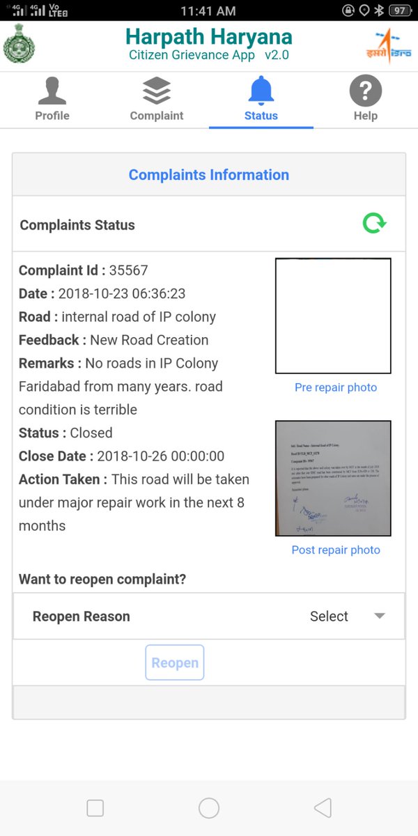 pradeeplingwal's tweet photo. @cmohry they have removed my complaint from  Harpath Haryana app. Road condition is still pathetic in Indraprastha colony. Will you take any action?? https://t.co/93vgHmHmAe