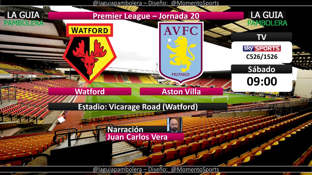 laguiapambolera's tweet photo. MAÑANA: #PremierLeague @WatfordFC @AVFCOfficial por @futbolporsky (C526/1526) con @verabohne (08:30hrs) #WATAVFC #futbolporsky https://t.co/cbRuvBSk4S