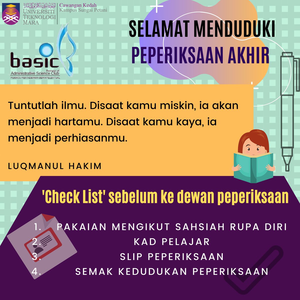 BASiCUiTMKedah's tweet photo. Selamat menduduki peperiksaan akhir kepada para mahasiswa UiTM Kedah ! 🖋✨

'Usaha, doa dan tawakkal' 🌻 All the best! https://t.co/UqjknCKeqk