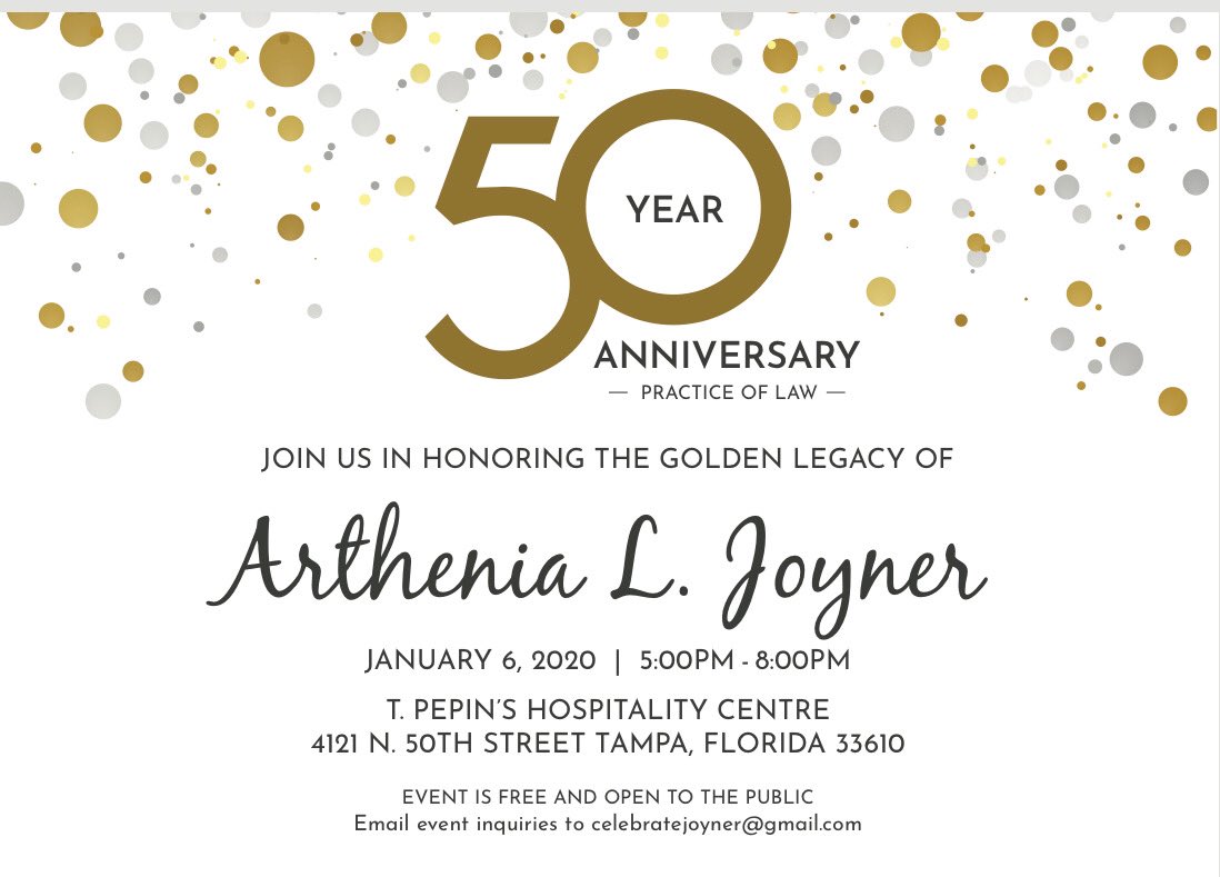 EdgecombBar's tweet photo. Join @EdgecombBar on January 6 2020 at @TPepinsHC as we celebrate the Golden Legal Legacy of Senator Arthenia Joyner! Register at https://t.co/l5WcTauC3j. #myGEBA #tampa #florida #lawyer #lawyers #blacklawyer #blacklawyers #blackattorney #blackattorneys https://t.co/GJdsqYBsPL