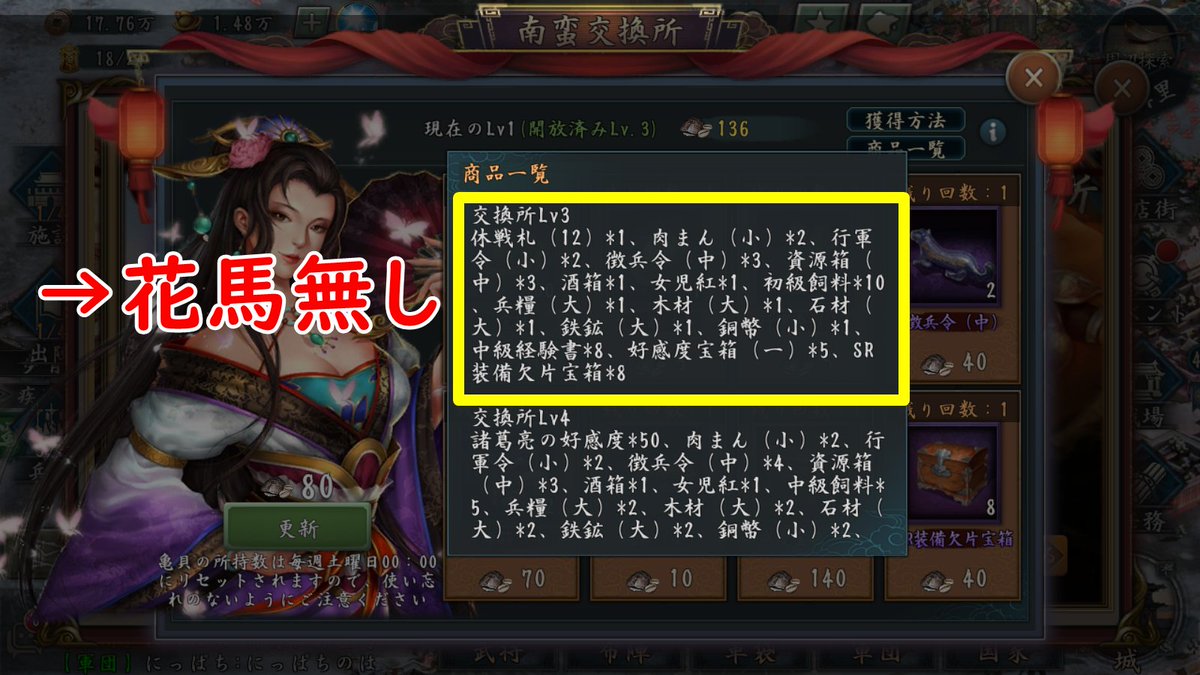 リーレ 三國志真戦攻略ブログ作っています ちなみに 南蛮交換所の内容が変更になっているので要注意 南蛮１０討伐 交換 所３ で交換できていた 花鬃馬 が南蛮２０討伐 交換所５ 以降でないと交換できないというサイレント修正が入っています