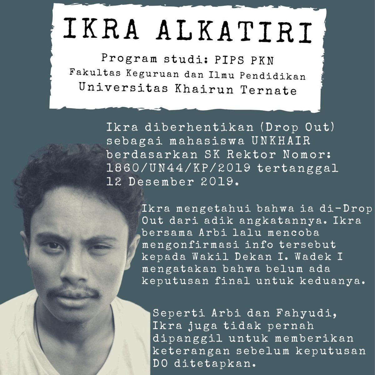 pembebasan_org's tweet photo. 4 mahasiswa Unkhair Ternate di-DO karena menyampaikan pendapatnya di muka umum. https://t.co/rFjtQ3errd