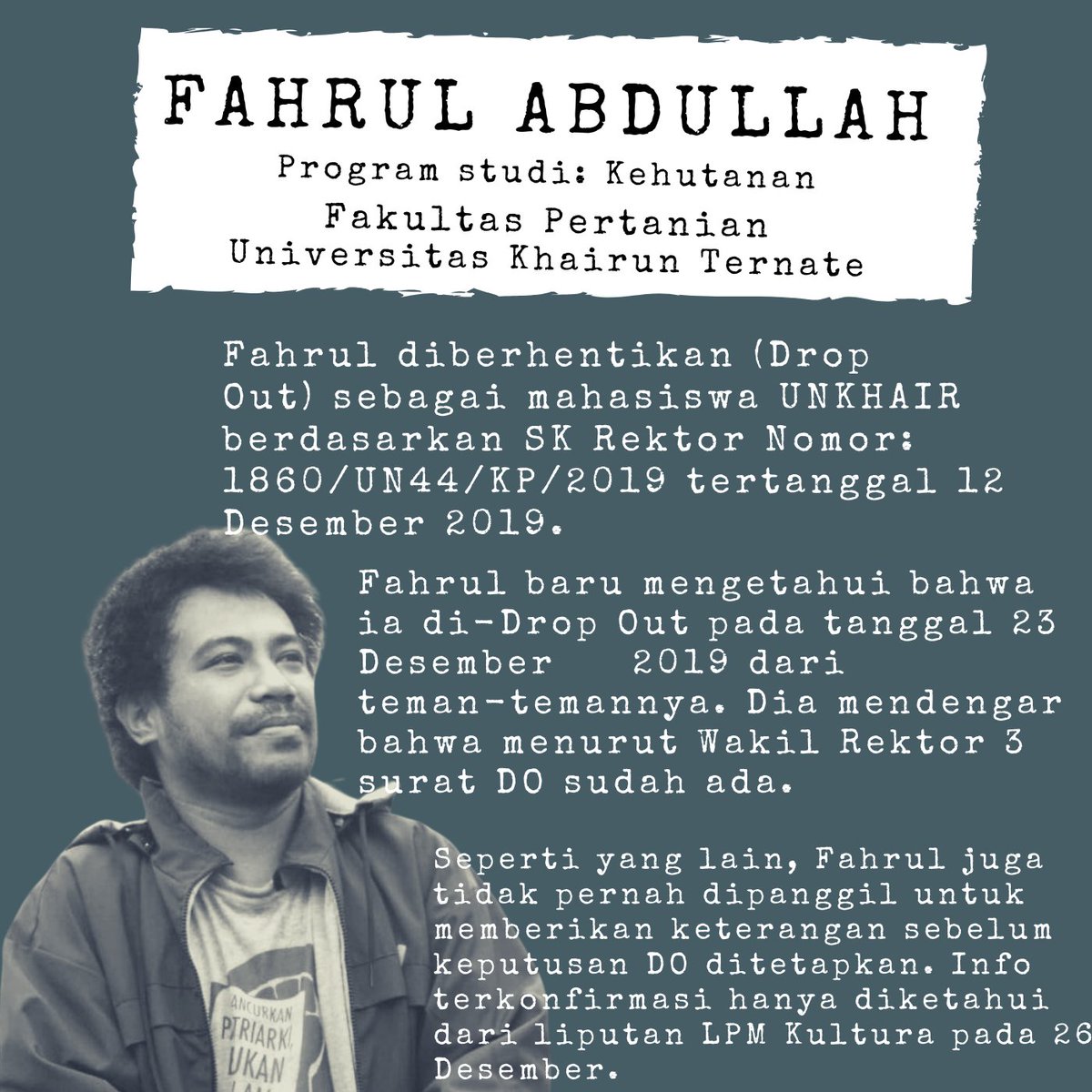 pembebasan_org's tweet photo. 4 mahasiswa Unkhair Ternate di-DO karena menyampaikan pendapatnya di muka umum. https://t.co/rFjtQ3errd