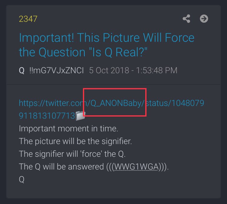 2/ I decided to go back and look at every time we were told “something BIG” was going to drop or was coming. Found some interesting things. First, this will be an important reference for the point I’m going for: the famous Q Anon Baby. Oct 2018 post, then the Q baby