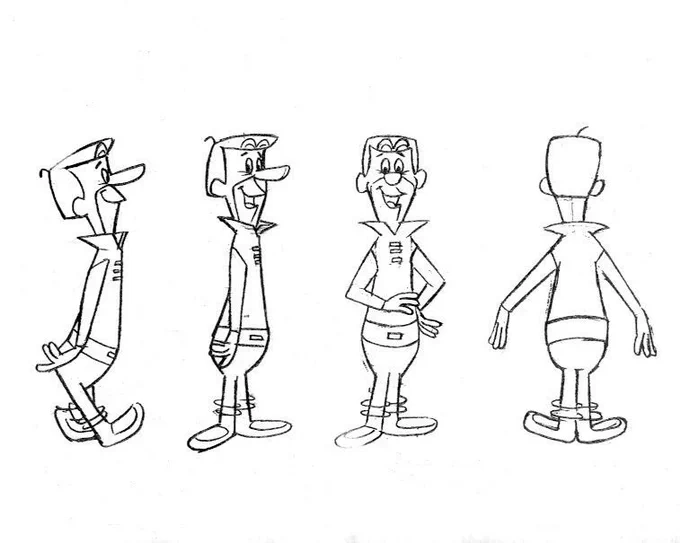 Model sheets for Hanna-Barbera's 1962 cartoon, THE JETSONS: George, his boy Elroy, daughter Judy, Jane (his wife). 