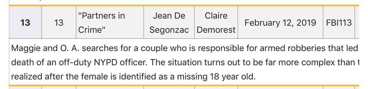 6/ First, what is FBI Episode 13?It’s an episode called “Partners in Crime”.I don’t know the the context of the “who the hell’s Q” quote yet, but that’s a separate rabbit hole. But I felt the episode title was worth mentioning.Also: - death of NYPD cop- missing teen girl