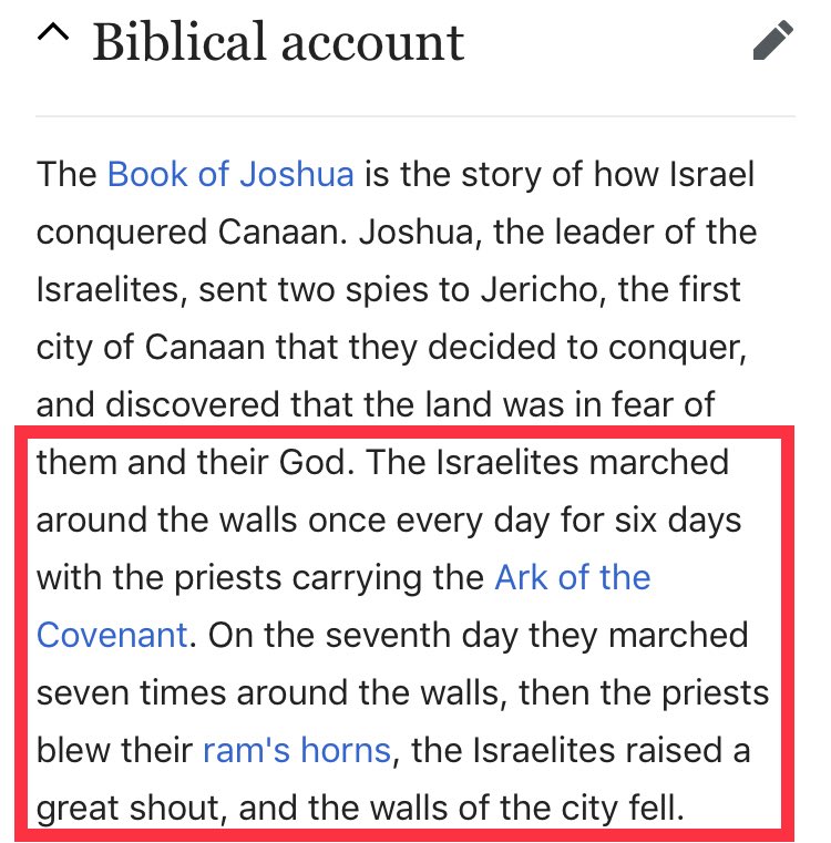 11/ Now for the good shizArguably the most memorable story of the Old Testament was how the Israelites destroyed Jericho.The marched around it - blaring their TRUMPets (or ram horns)... and *raised a great shout* until the walls fell and Jericho was destroyed