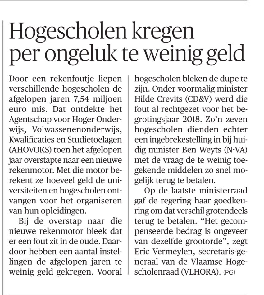 HerveVandeWeyer's tweet photo. Oeps. Foutje. “Hogescholen kregen per ongeluk te weinig geld.” Foutje wordt rechtgezet. In de tweede zittijd. In @demorgen https://t.co/RFZJK5oT6s