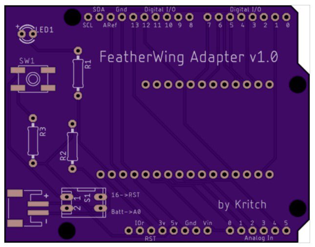kritch83's tweet image. This fits the eco system nicely I feel.  Allows for using Arduino R3 layout shields or feather shields.  3.3v logic for now... Here’s hoping!   #FeatherContest
