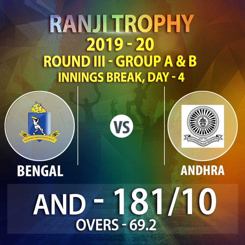 CabCricket's tweet photo. Innings break Score UPDATE: Bengal v Andhra- #RanjiTrophy 2019-20, Day-4.
Andhra - 181/10 in 69.2 overs
#CGnaneshwar 74*(239)
#IPorel 4/50, #ADeep 3/36.
#CAB
#BENvAP https://t.co/t1ZAdUepci