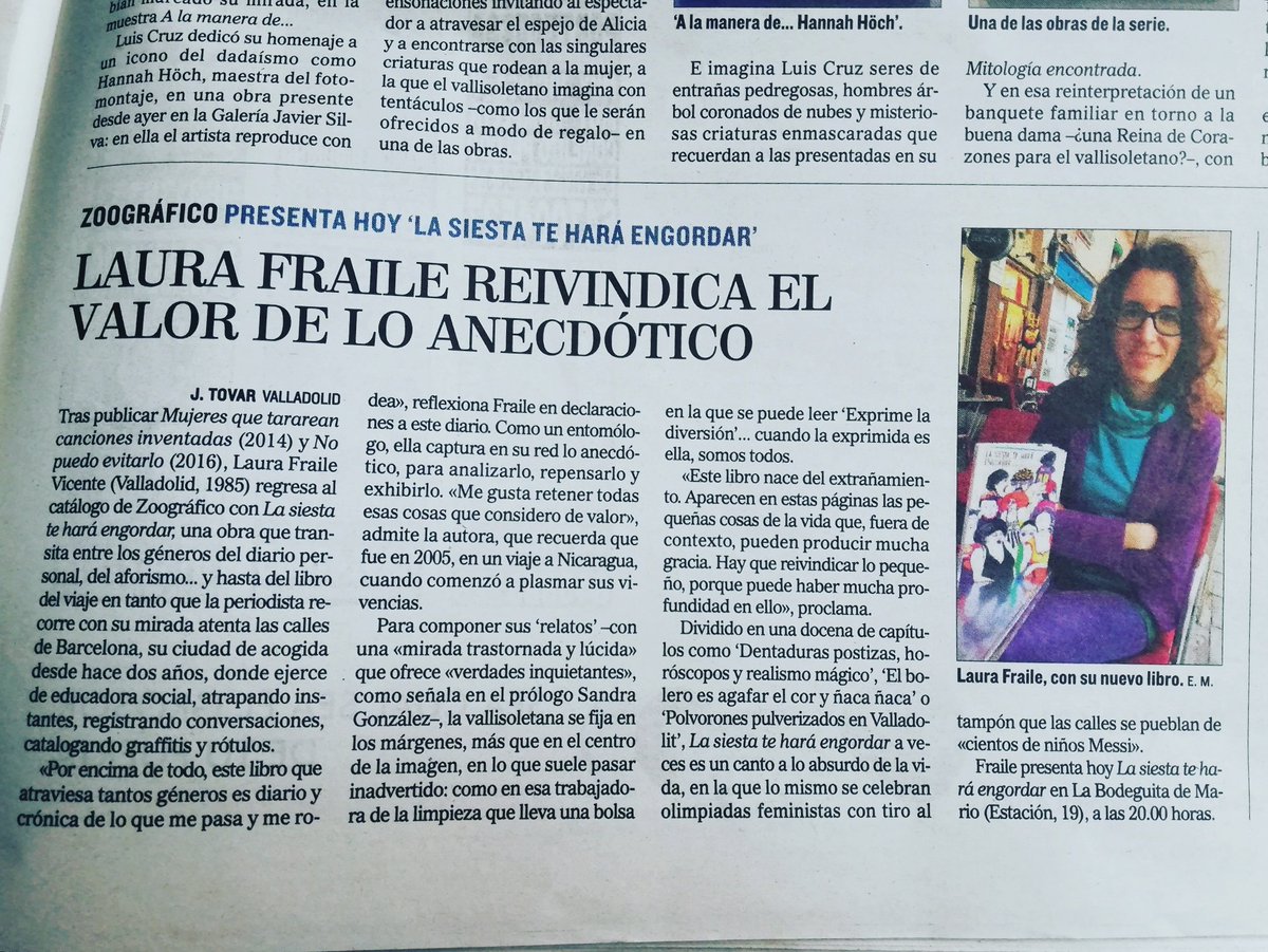 Esta tarde a las 20h en La bodeguita de Mario (c/ Estación 19), presentación de La siesta te hará engordar, editado por <a href="/zoografico/">Zoográfico ediciones</a> #Valladolid Aquí el artículo que ha escrito Julio Tovar para El Diario de Valladolid <a href="/elmundoes/">EL MUNDO</a>