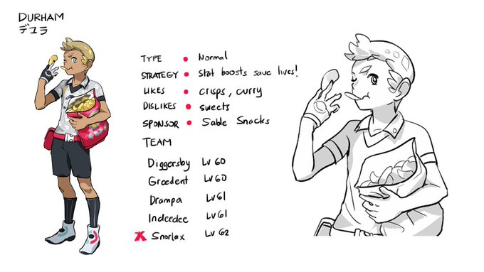 i dont flesh out OCs much but heres some stuff i wrote in earlier posts + more:

-Durham is a little insecure for specializing in the Normal type, so he watches recordings of other Gym Leaders' battles studiously.
-Durham <- Durum wheat
-379 (sunakku = snack) 