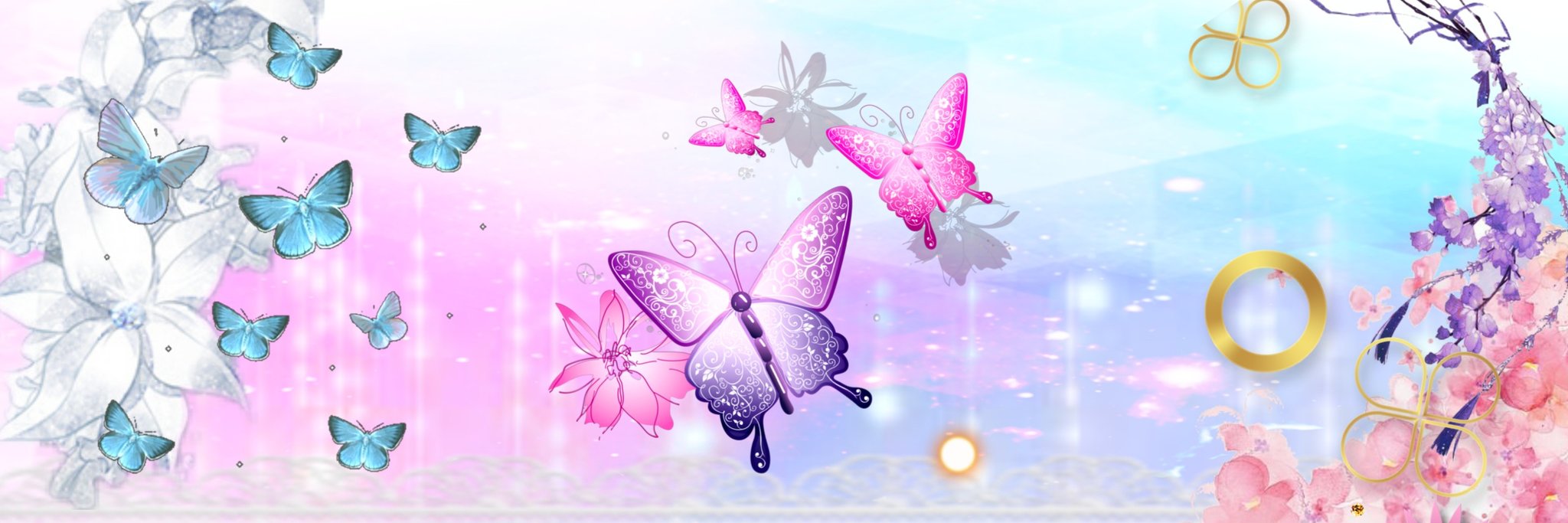 猫太 ฅ ೨ リクエストから薄い紫 薄いピンク 薄い水色蝶を使った背景 ヘッダー フリーヘッダー