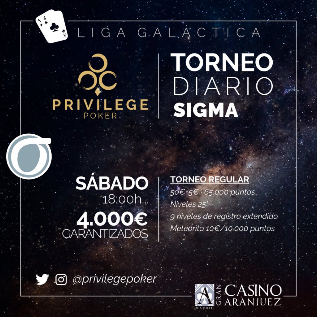 CasinoGVPoker's tweet photo. Nueva jornada de la
#LigaGaláctica🌠
TORNEO MENSUAL INTERESTELAR
DÍA 1B TURBO (14h)
DÍA 2 (17h)
💰 €20K GTD en @CasinoGranVia
🎟 https://t.co/l7WkJGlKoG
TORNEO SIGMA
💰 €4K GTD en @CasinoAranjuez
🎟 https://t.co/YM5pl8Fvpz
#InterestelarWeek https://t.co/IcqEx1SMKS
