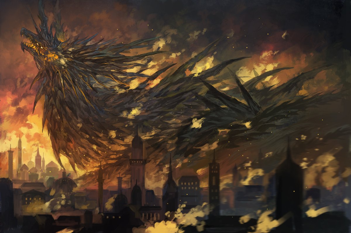 no humans city sky building cloud kaijuu dragon  illustration images