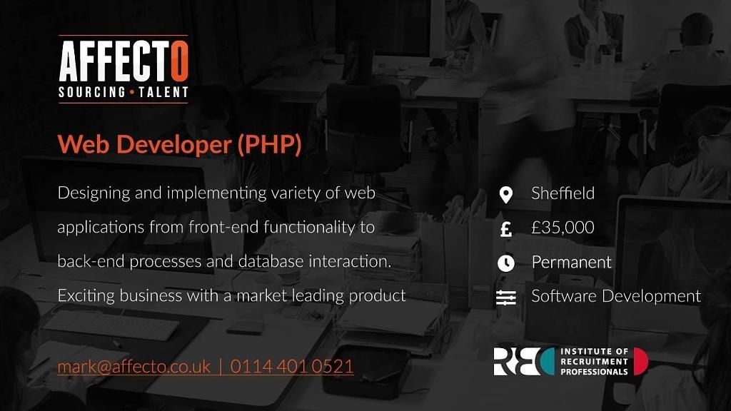 AffectoUK's tweet photo. Fantastic opportunity to join a growing Sheffield business. For more details or to apply, please visit: https://t.co/cLBhv1j56z

#sheffieldissuper #SheffieldJobs #php #SoftwareDeveloper https://t.co/PncbikEGIt