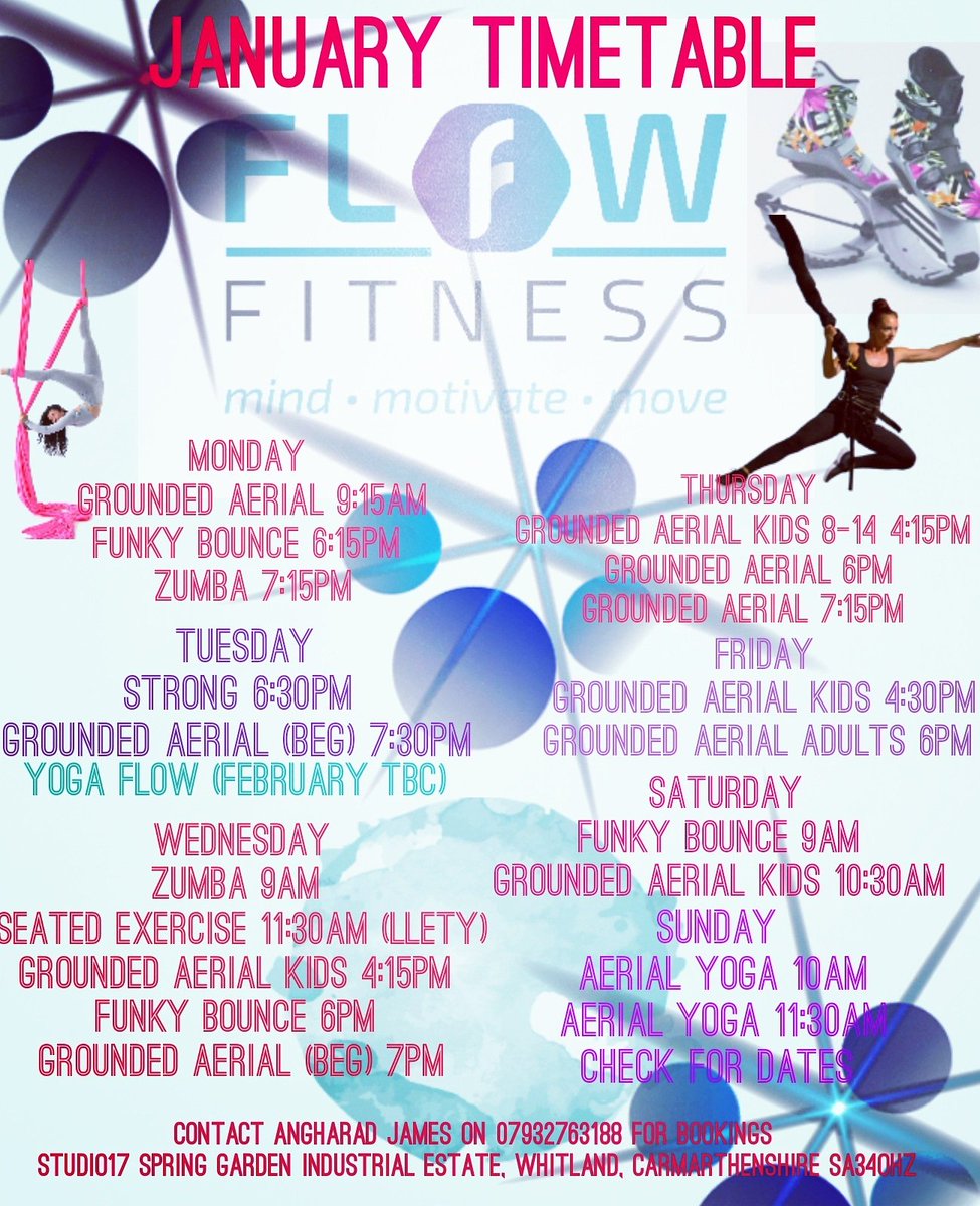 flowfitness17's tweet photo. ✨JANUARY TIMETABLE ✨
RE-COMMENCES JANUARY 6TH
The messages are coming through already! So here we are for a full, fun, fitness, dance, bounce, aerial programme of activities that you won't regret attending 😄✨
@awyrol
#ZUMBA #Strong #FUNKYBOUNCE #Groundedaerial #seated #yoga https://t.co/2VHKKi3WC1