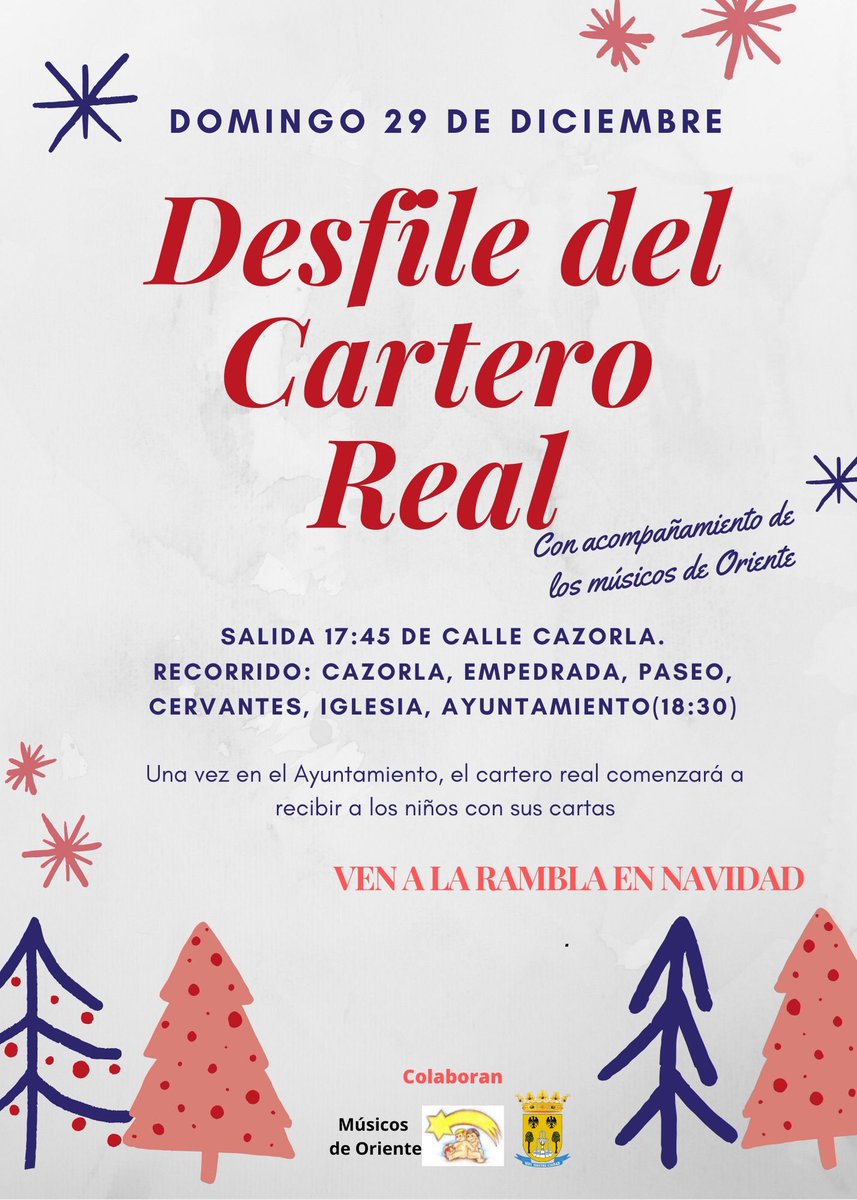 Mañana domingo 29, tienes una gran cita con el desfile del cartero real acompañado por los músicos de Oriente. 
Más info: ⬇️⬇️