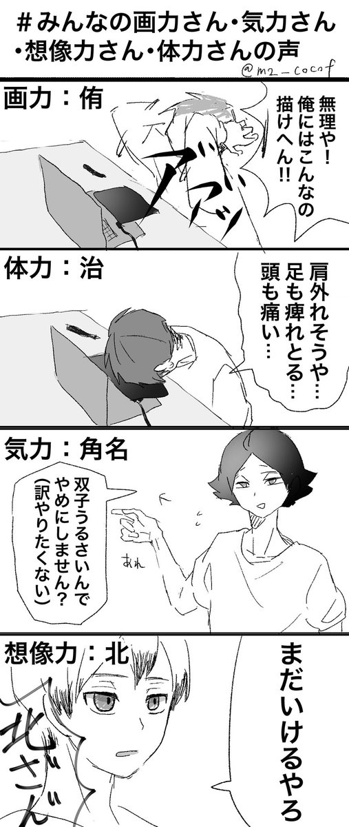 #みんなの画力さん・気力さん・想像力さん・体力さんの声 

北さん(想像力さん)ストイック 