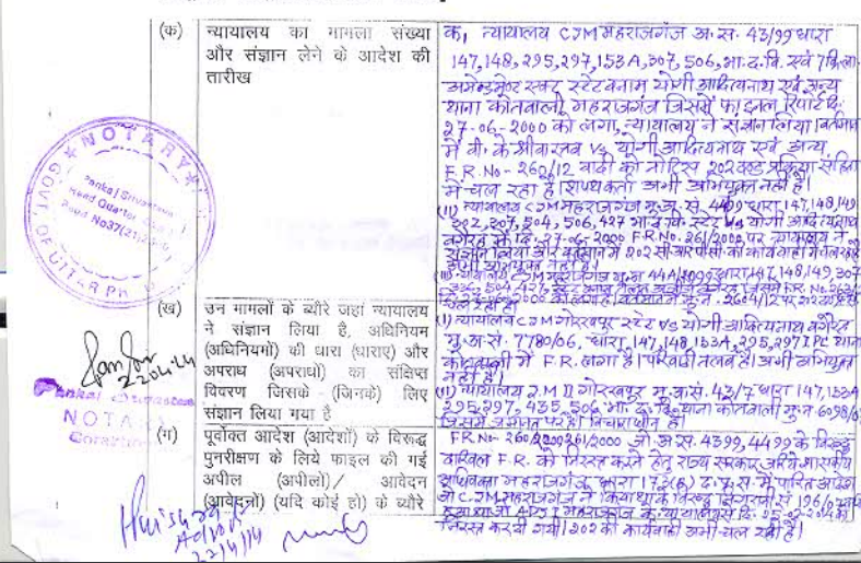 SaketGokhale's tweet photo. This is Yogi Adityanath's election affidavit.

His self-declared criminal cases include 6 cases, ironically, on the following charges (amongst other serious ones):

IPC 147: Rioting
IPC 148: Rioting - armed with a deadly weapon

How much money was recovered from him as "damages"? https://t.co/fhbal6EBof