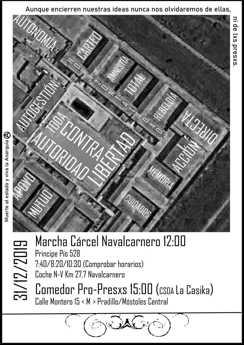 Para finalizar el diciembre anticarcelario realizaremos una marcha a la cárcel de navalcarnero este martes 31 de diciembre y después habrá un comedor en La Casika.

Gritaremos que las muertes en prisión no son muertes, son asesinatos.

🏴 ¡Abajo los muros de las prisiones! 🏴