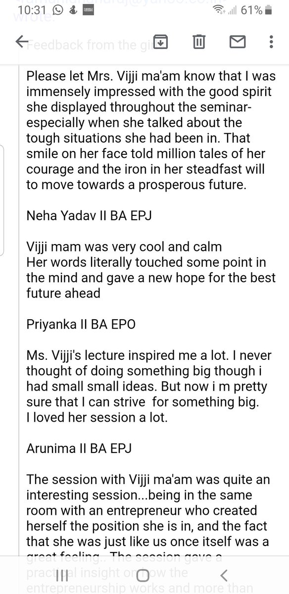 s_vijji's tweet photo. Feedback like this makes my day especially when I talk to young women and open their minds to entrepreneurship #womenentrepreneurs #femalefounders #startup #guestLecture https://t.co/JFoWGUMfLW