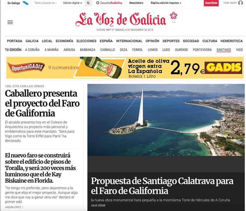 La Voz de Galicia se hace eco de la construcción del Faro de Galifornia.

#Galifornia #Vigo #AbelCaballero #ElFaroDeGalifornia #Toralla #VigoTop #MasQueUnLugar #GaliciaCalidade #GaliciaMola #VigoParaElMundo