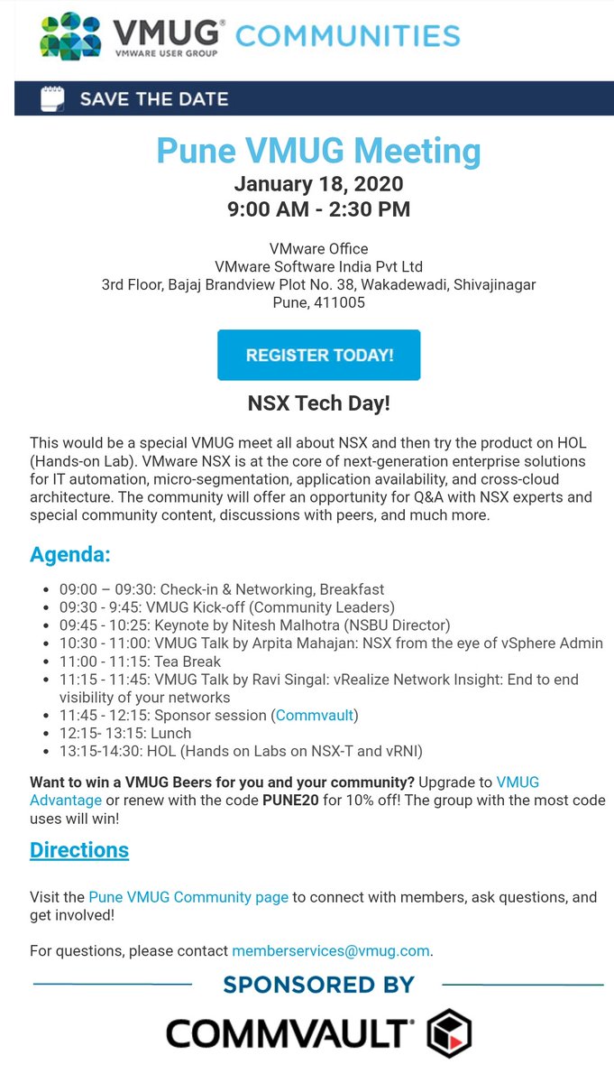 #VMUGPune agenda is all set for upcoming #NSXTechDay on 18-Jan-2020
Technical sessions on #NSX  #vRNI and introducing #HOL 
Use link bit.ly/2Z8suMk

<a href="/BradTompkins_/">BradTompkins_</a> <a href="/MyVMUG/">VMware User Group</a> <a href="/MumbaiVmug/">MumbaiVMUG</a> <a href="/vmug_delhi/">VMUG DELHI</a> <a href="/blrvmug/">Bengaluru VMUG</a> <a href="/vmugchennai/">Chennai VMUG</a> 
Thanks to our sponsor <a href="/Commvault/">Commvault</a> @CommvaultAPJ
