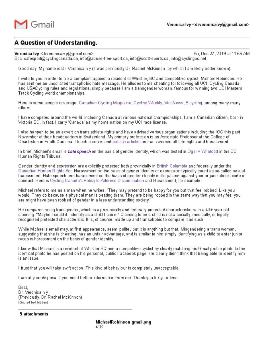 A cyclist has written to Rachel McKinnon / Veronica Ivy to say he believes their cycling victories are unfair on the defeated women. VI has responded by filing a complaint with SafeSport, saying that while the email seems polite, it's actually hate speech and action must be taken