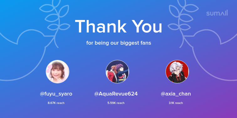 yumeojis's tweet photo. Our biggest fans this week: fuyu_syaro, AquaRevue624, axia_chan. Thank you! via https://t.co/NtVrgeUVFq https://t.co/XtsysqhT32
