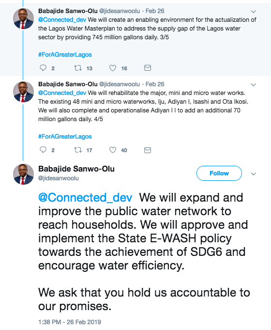 Connected_dev's tweet photo. Our #Vote4WaSH campaign calling political aspirants during #NigeriaDecides2019 - the 2019 General Elections; the All People's Congress [APC] Gubernatorial Candidate for Lagos State, Babajide Sanwo-Olu took to twitter, to respond to our advocacy to get him to commit to #Vote4WaSH. https://t.co/aIl2YbPV5G