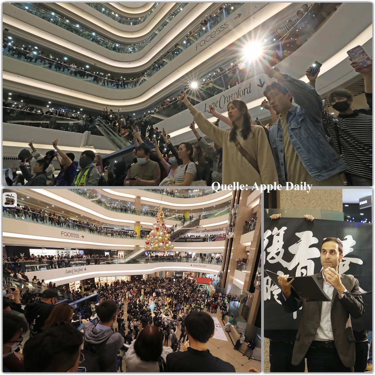 HVersammlung's tweet photo. #HongKongProtests halten an #Weihnachten an. Wie immer wollten die Demonstranten friedlich im Einkaufszentrum marschieren und die Slogans schreien. Jedoch das erlaubte die Polizei nicht. #Tränengas verwirklichte #weißeWeihnachten in Hong Kong. https://t.co/gx1xKlIzLD