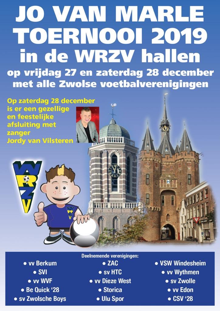 Vanmiddag gaan we verder met het Jo van Marletoernooi in de <a href="/WRZVZwolle/">wrzvzaalvoetbal.nl</a>. De eerste wedstrijden staan gepland om 15.00 uur <a href="/vvsvi/">v.v. SVI</a> - <a href="/svzwollevoetbal/">SV Zwolle</a> &amp; <a href="/svhtc/">sv HTC</a> - <a href="/ZAC1893/">Zwolsche Athletische Club</a>. De eerste vier teams uit de poules plaatsen zich voor de kwartfinales vanaf circa 17.15 uur.