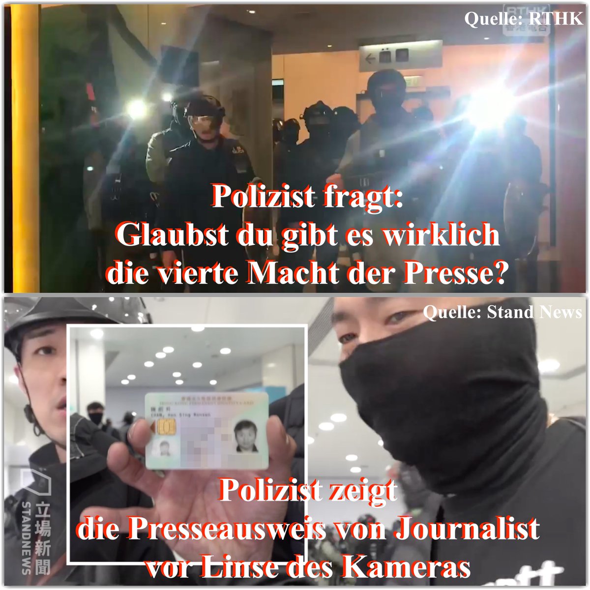 HVersammlung's tweet photo. #Pressefreiheit?! im Nahbereich oder auf Kopf mit Tränengas, Gummigeschoss und Pfefferspray gefeuert und attackiert, #Presseausweis vor Linse der Live-Übertragung von Polizei gezeigt. Polizist schrie: Glaubst du gibt es wirklich die #vierteMacht der Presse? https://t.co/iyI71Xbo28